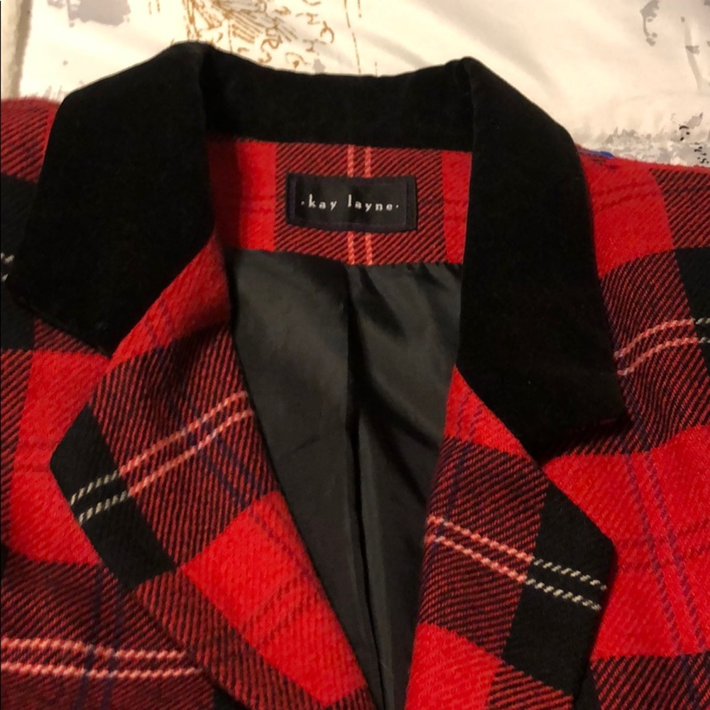 Red Tartan plaid velvet trim lined blazer size14